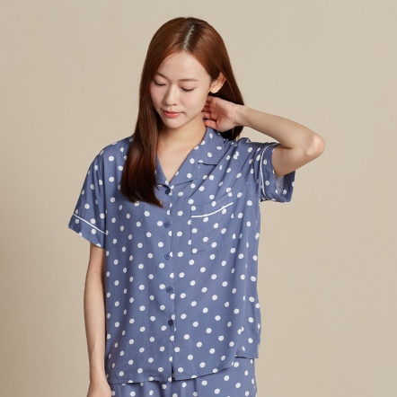 圓點印花短袖襯衫-晨霧藍