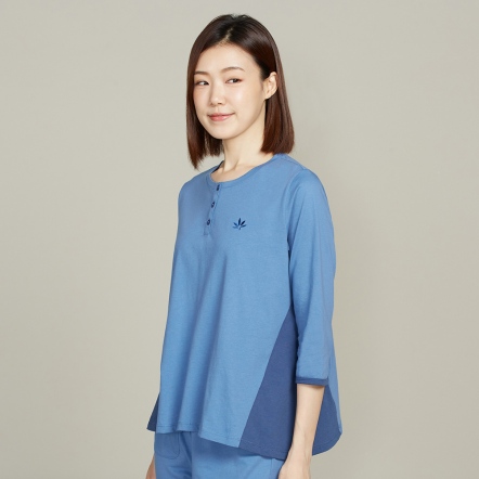 CBD舒眠半開襟七分袖上衣-藍