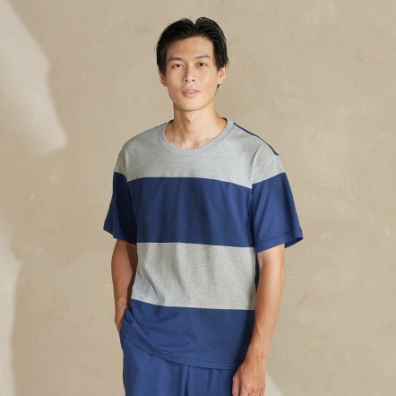 男裝 | 跳色剪接短袖上衣-深藍