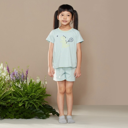 【防蚊】童裝｜網球恐龍條紋短袖上衣 -天空藍