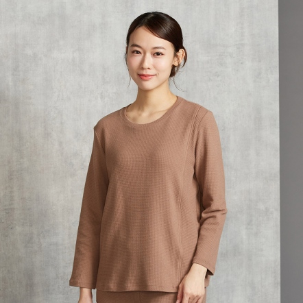 華夫格剪接長袖上衣-可可棕