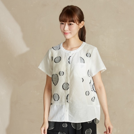 棉麻圓圈剪花短袖開襟衫-白