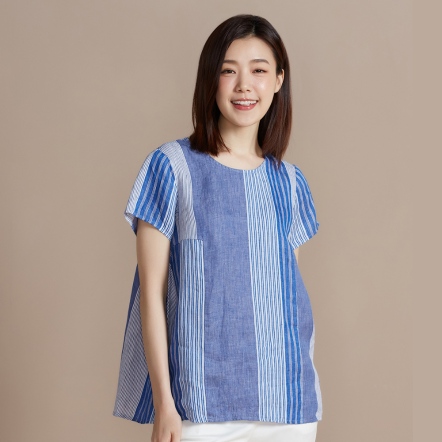 網路限定 | 條紋拼接亞麻短袖上衣