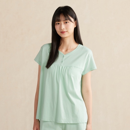 【蘆薈纖維】半開襟短袖上衣-灰綠