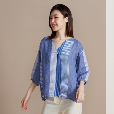 網路限定 | 條紋拼接亞麻V領七分袖上衣