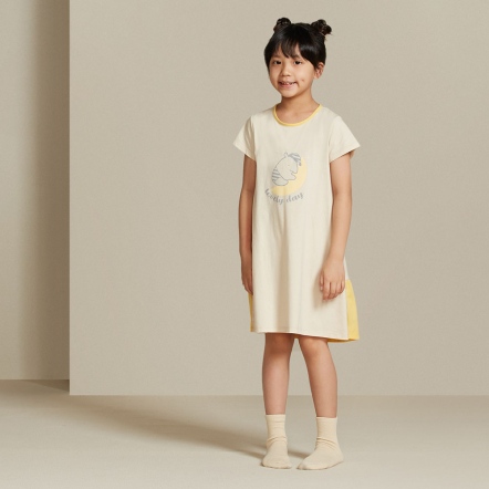 童裝｜馬來貘網印短袖洋裝-象牙白