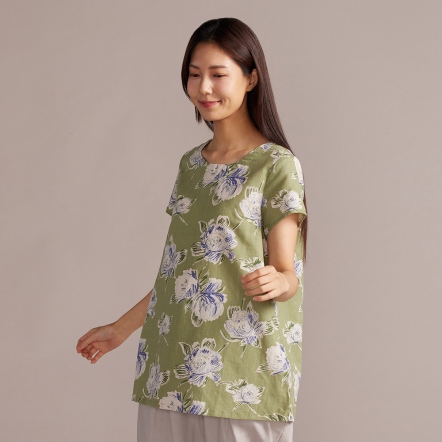 網路限定｜花卉印花棉麻短袖上衣-橄欖綠
