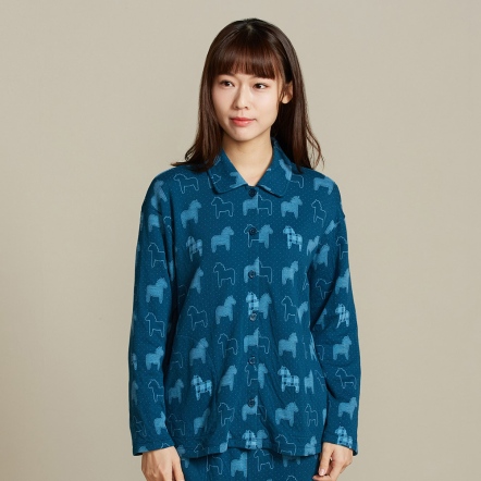 冰島馬提花長袖開襟衫-極光藍