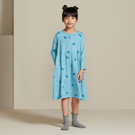 童裝 | 冰島馬印花長袖洋裝-冰島藍