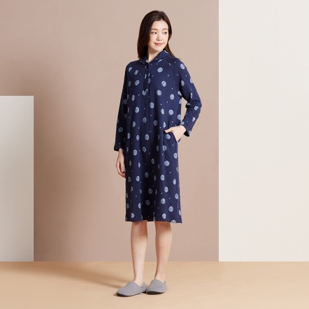 40週年提花半開襟長袖洋裝-丈青