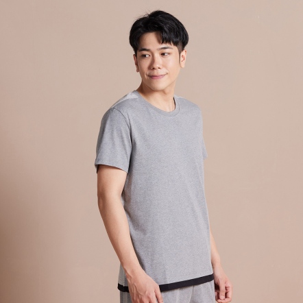 男裝 | 純棉素面假兩件短袖上衣-岩石灰