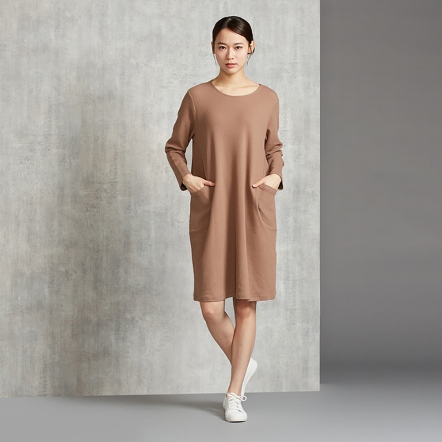 華夫格冰島馬繡花長袖洋裝-可可棕