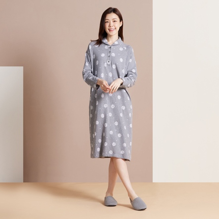 40週年提花半開襟長袖洋裝-岩石灰