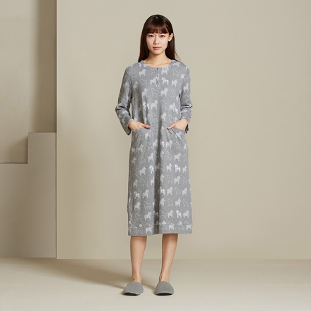 冰島馬提花剪接長袖洋裝-岩石灰