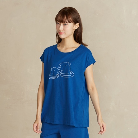 【薄荷紗】網路限定 | 水豚網印短袖上衣-深藍