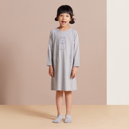 童裝 | 招財貓網印長袖洋裝-迷霧灰