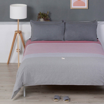 狗狗條紋雙人被套+枕套三件組-粉