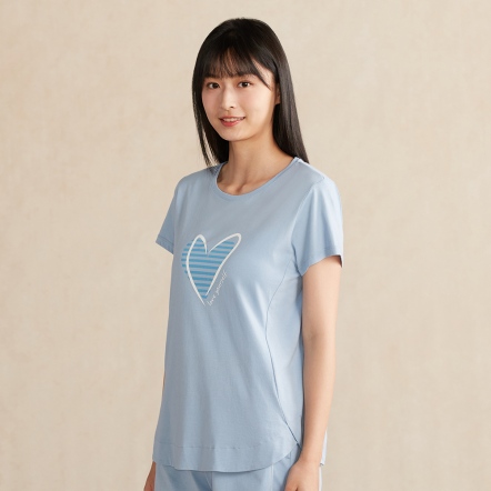 【蘆薈纖維】愛心網印短袖上衣-海島藍