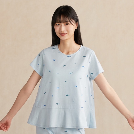 鯊魚印花拼接短袖上衣-浮水藍