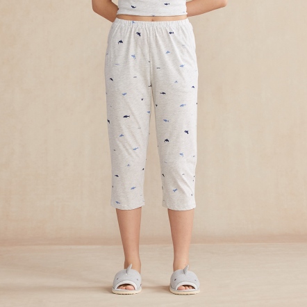 鯊魚印花七分褲-銀白灰