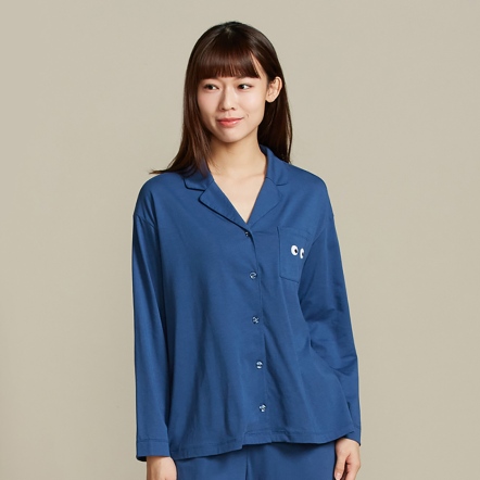 【暖薑纖維】睛睛繡花長袖開襟衫-普魯士藍