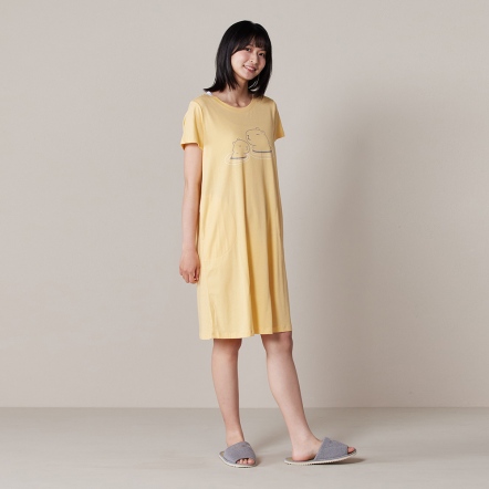 【薄荷紗】網路限定 | 水豚網印短袖洋裝-金合歡黃