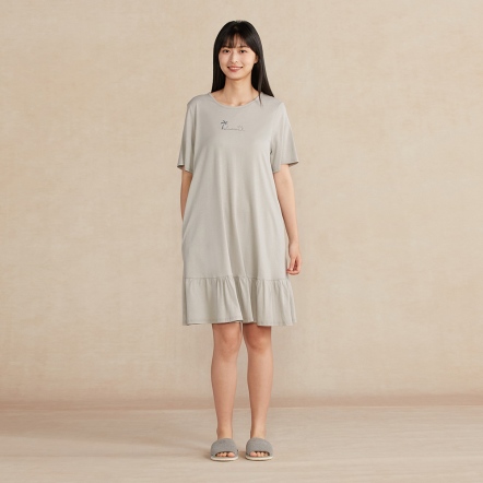 竹纖維網印短袖洋裝-迷霧灰