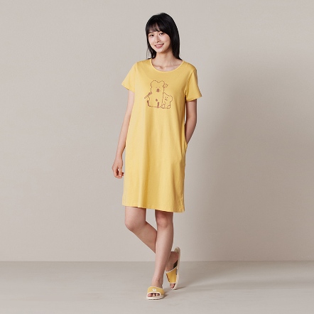 DINOTAENG｜QUOKKA & BOBO 網印短袖洋裝-盛夏黃