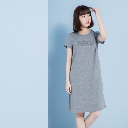 以旺娃娃圓領滾邊短袖洋裝-岩石灰