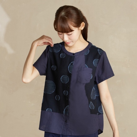 棉麻圓圈剪花短袖開襟衫-丈青
