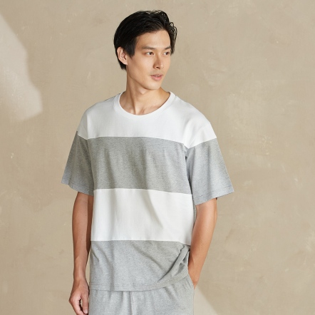 男裝 | 跳色剪接短袖上衣-迷霧灰