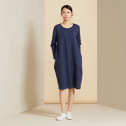 圓點提花長袖洋裝-星海藍