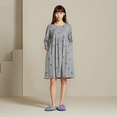 冰島馬印花七分袖洋裝-岩石灰