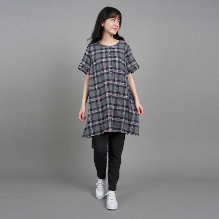 網路限定｜灰格紋半開襟短袖長上衣-岩石灰