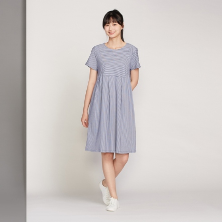 直條提花拼接短袖洋裝-海島藍