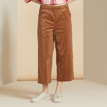 彈性條紋絨九分褲-可可棕