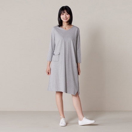 素面八分袖洋裝-迷霧灰