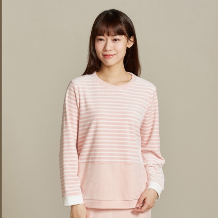 條紋剪毛絨剪接長袖上衣-貝殼粉