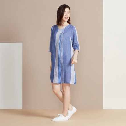 網路限定 |條紋拼接亞麻七分袖洋裝