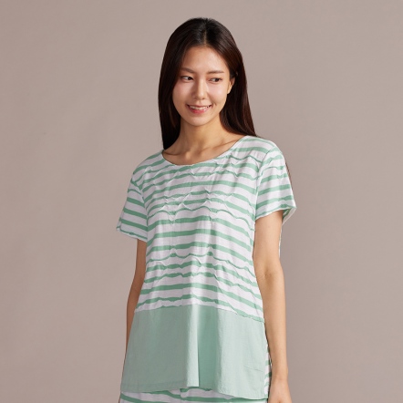 凸條提花拼接短袖上衣-薄荷綠