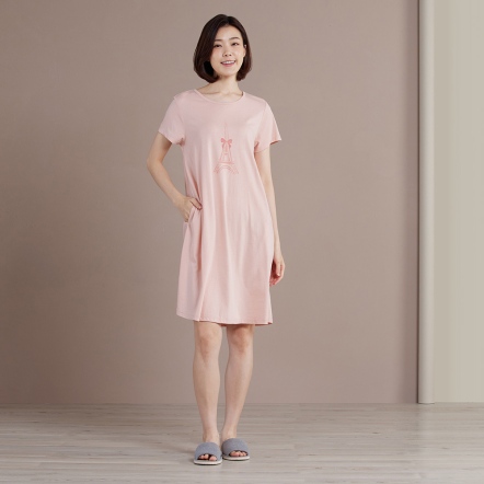 【乳木果】巴黎鐵塔印花短袖洋裝-粉橘