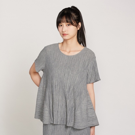壓褶拼接圓領短袖上衣-岩石灰