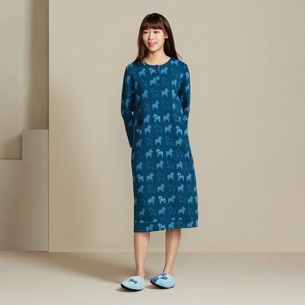 冰島馬提花剪接長袖洋裝-極光藍