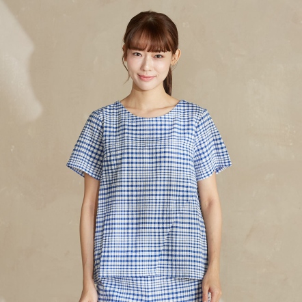 皺皺格紋短袖上衣-藍