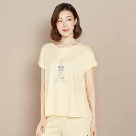 【乳木果】巴黎鐵塔網印短袖上衣-鵝絨黃