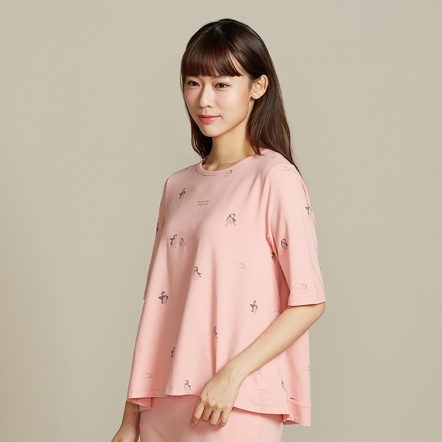 海鸚鵡印花五分袖上衣-薔薇粉