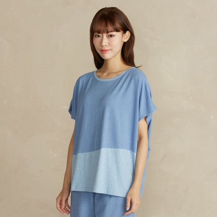 【竹纖維】細條紋剪接連袖上衣-藍