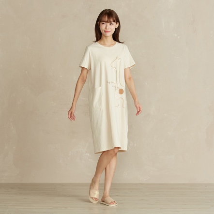 長頸鹿網印短袖洋裝-沙丘白