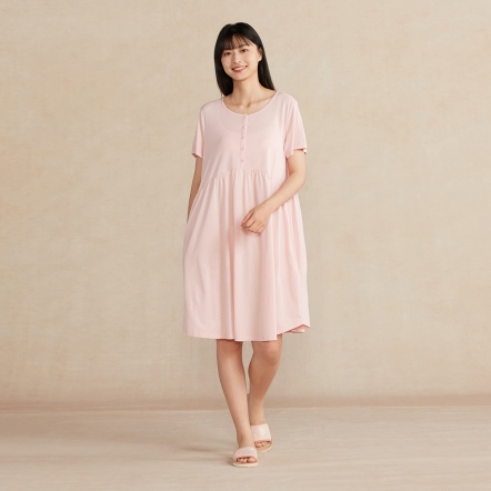 半開襟短袖洋裝-貝殼粉