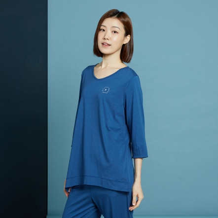 【暖薑纖維】 V領長袖上衣-深海藍